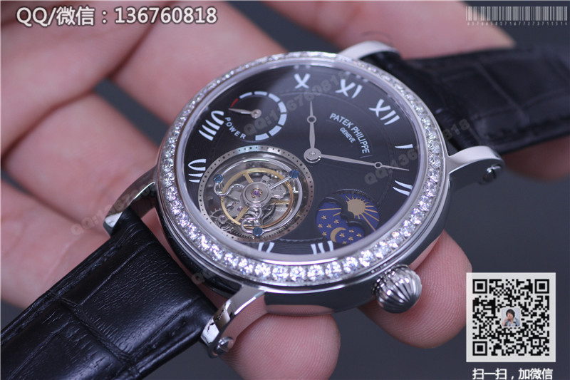 高仿百达翡丽手表-超级复杂功能计时系列 星月相陀飞轮腕表 精钢镶钻表圈