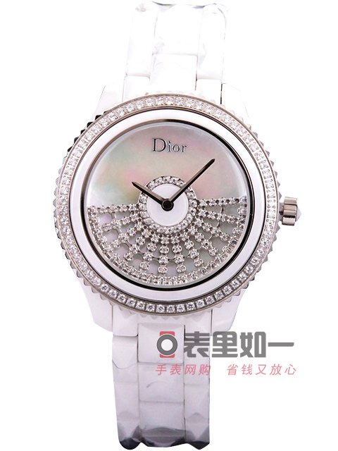 迪奥Dior 女士时尚石英腕表 白色陶瓷 贝母面 转运摆扇 38*13mm